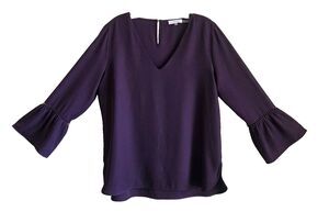 CALVIN KLEIN Women M Blouse Plum Purple 3/4 Bell Sleeve V-Neck Back Keyhole 40"